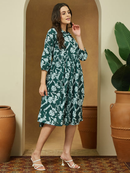 Janasya Dark Cotton Floral Fit & Flare Dress