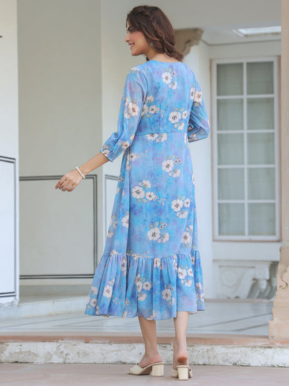 Janasya Light Georgette Floral A-Line Dress