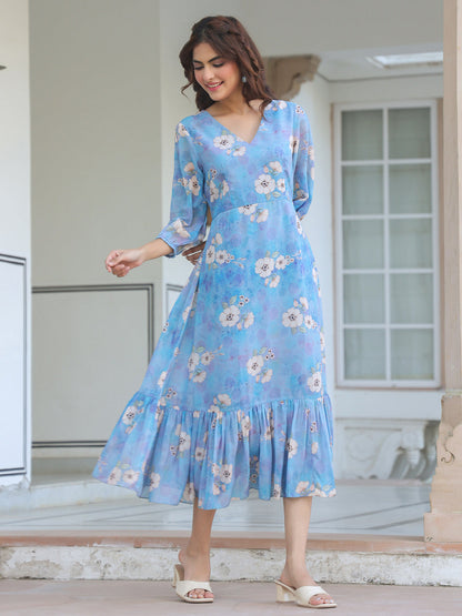 Janasya Light Georgette Floral A-Line Dress