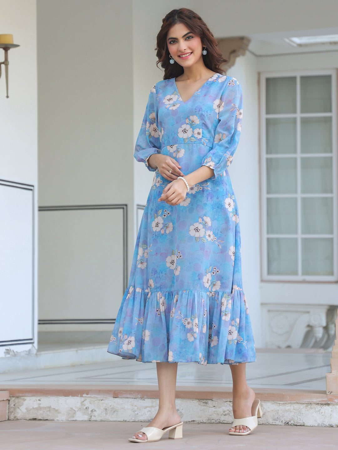 Janasya Light Georgette Floral A-Line Dress
