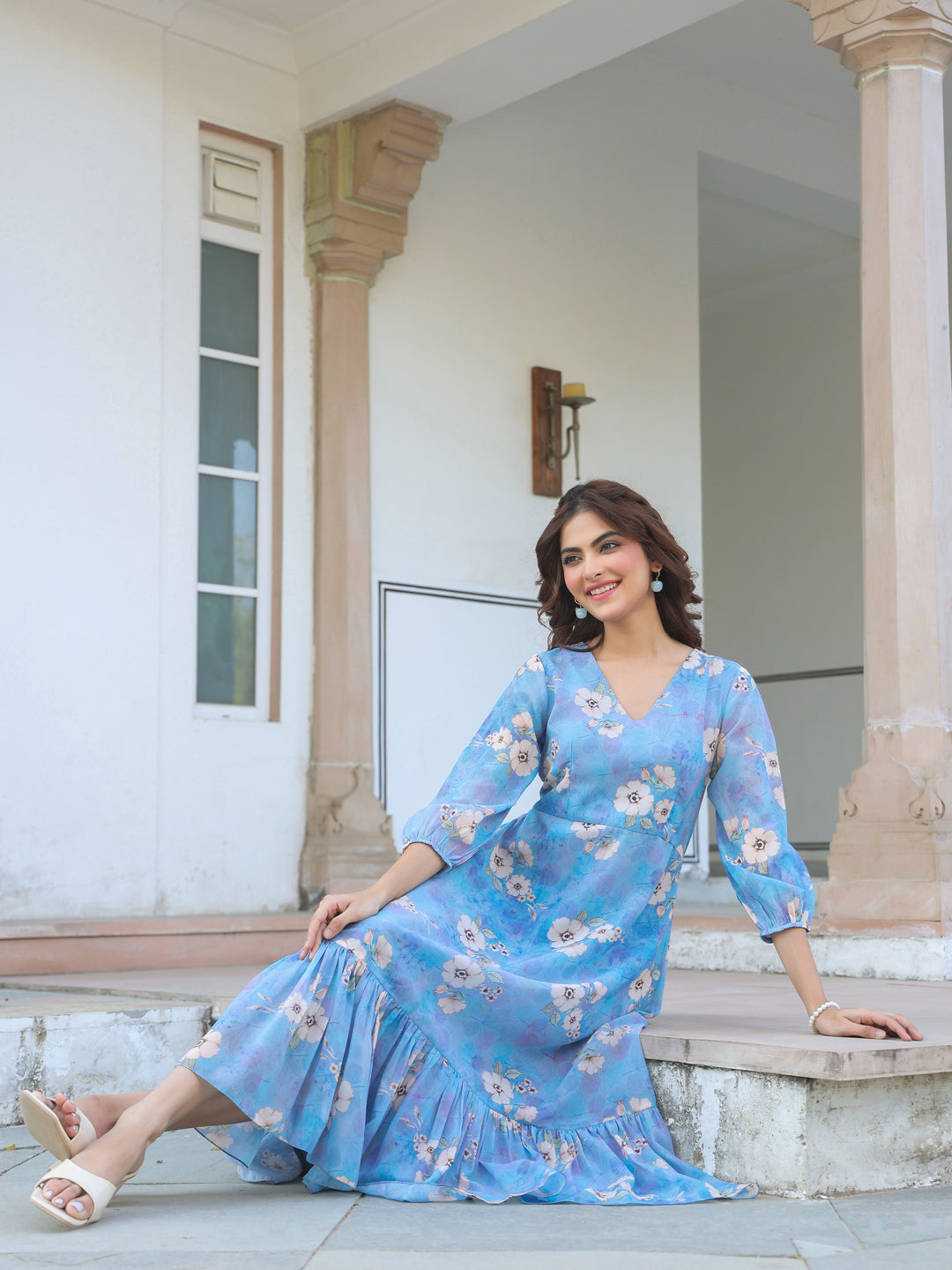 Janasya Light Georgette Floral A-Line Dress