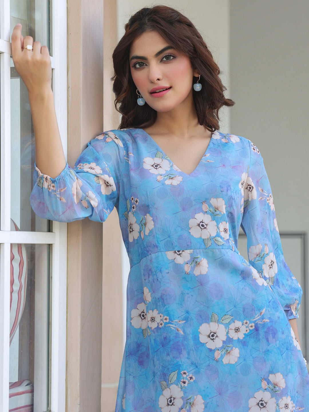 Janasya Light Georgette Floral A-Line Dress