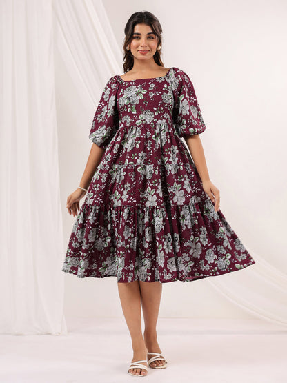 Janasya Dark Cotton Floral Tiered Dress