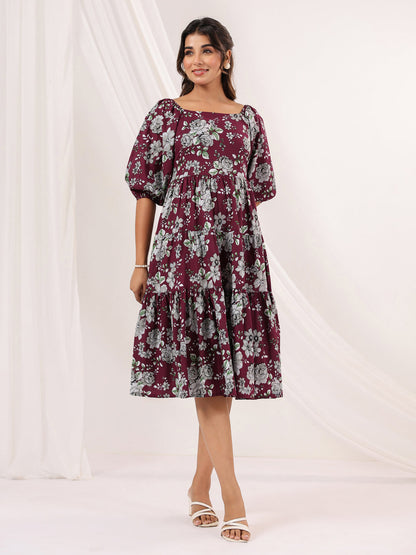 Janasya Dark Cotton Floral Tiered Dress