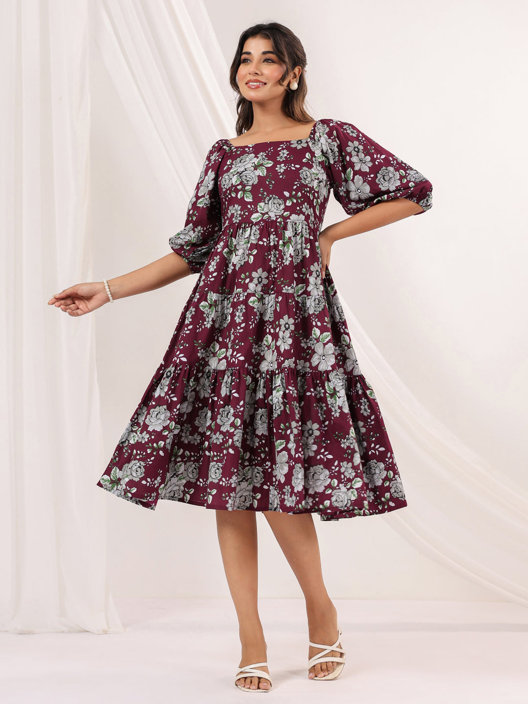 Janasya Dark Cotton Floral Tiered Dress