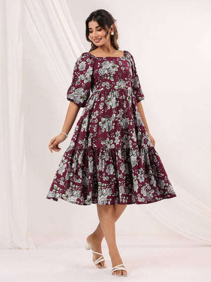 Janasya Dark Cotton Floral Tiered Dress