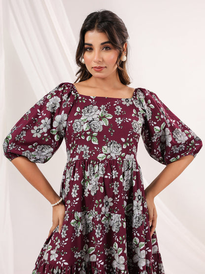 Janasya Dark Cotton Floral Tiered Dress