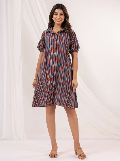 Janasya Dark Cotton Striped A-Line Dress