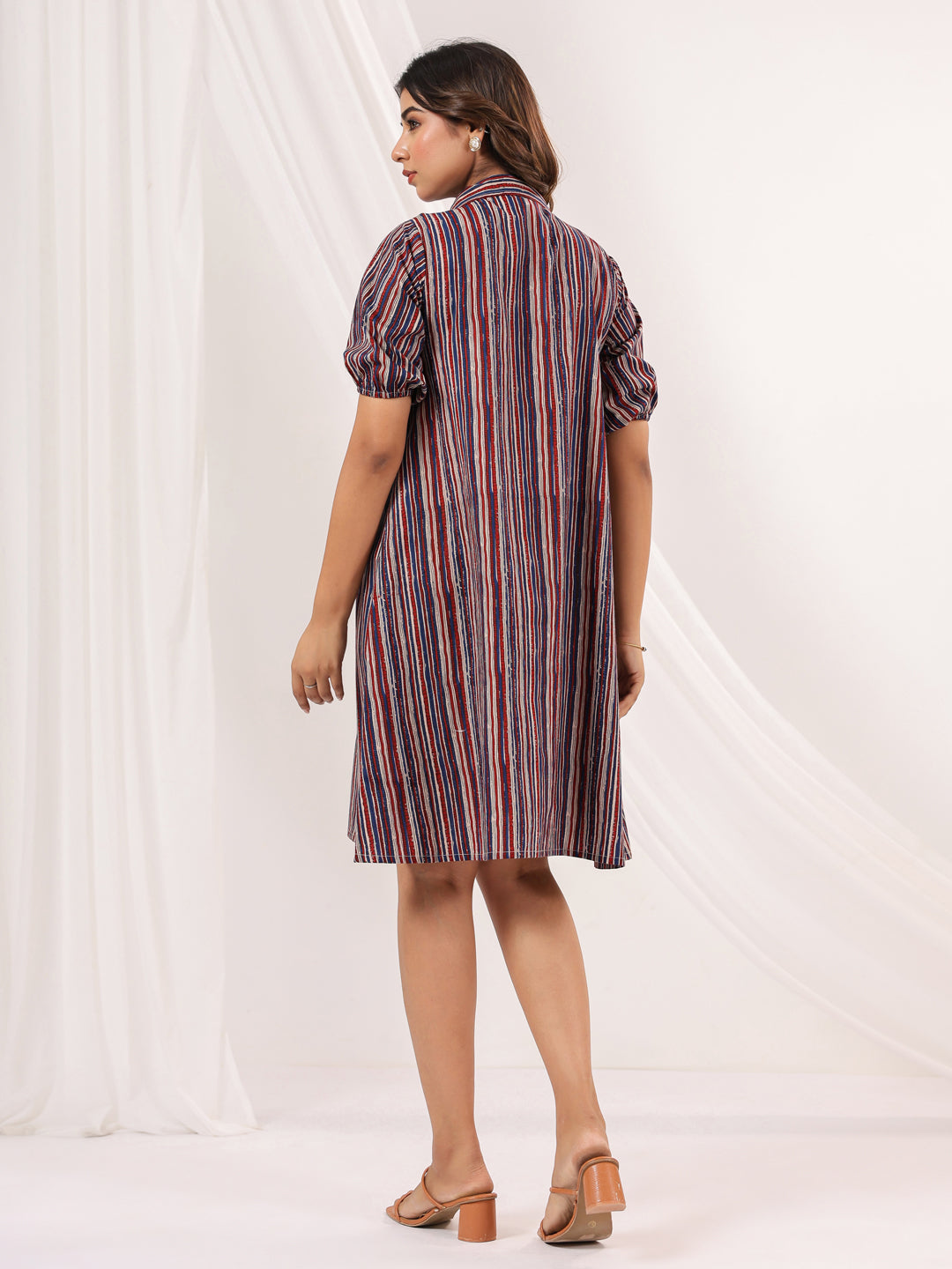 Janasya Dark Cotton Striped A-Line Dress