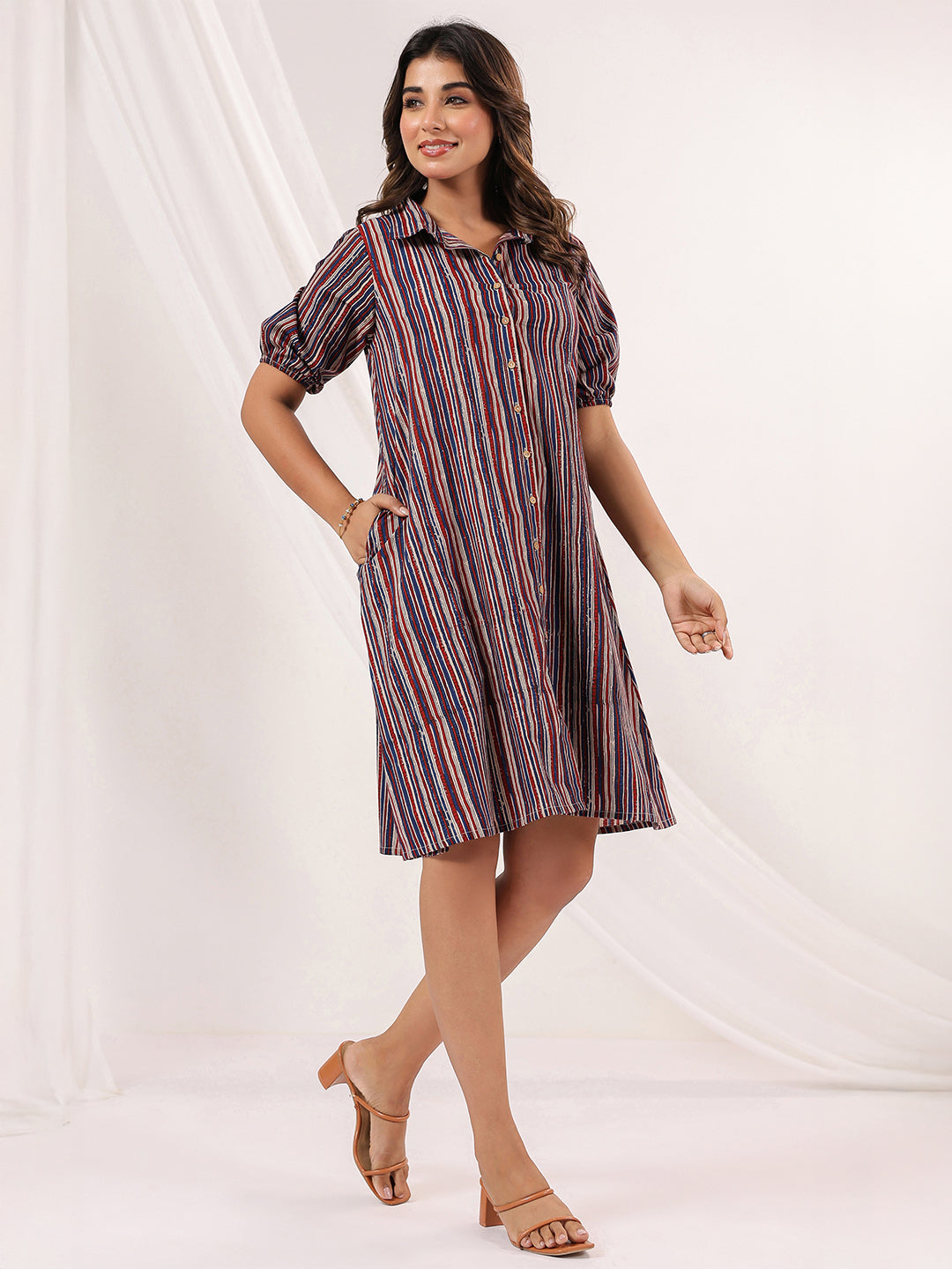 Janasya Dark Cotton Striped A-Line Dress