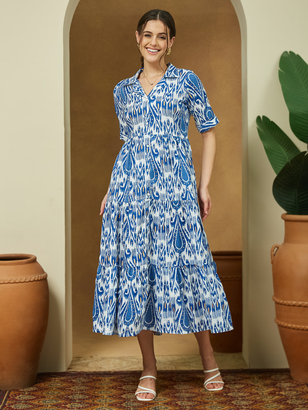 Janasya Bright Flex Ikkat Tiered Dress