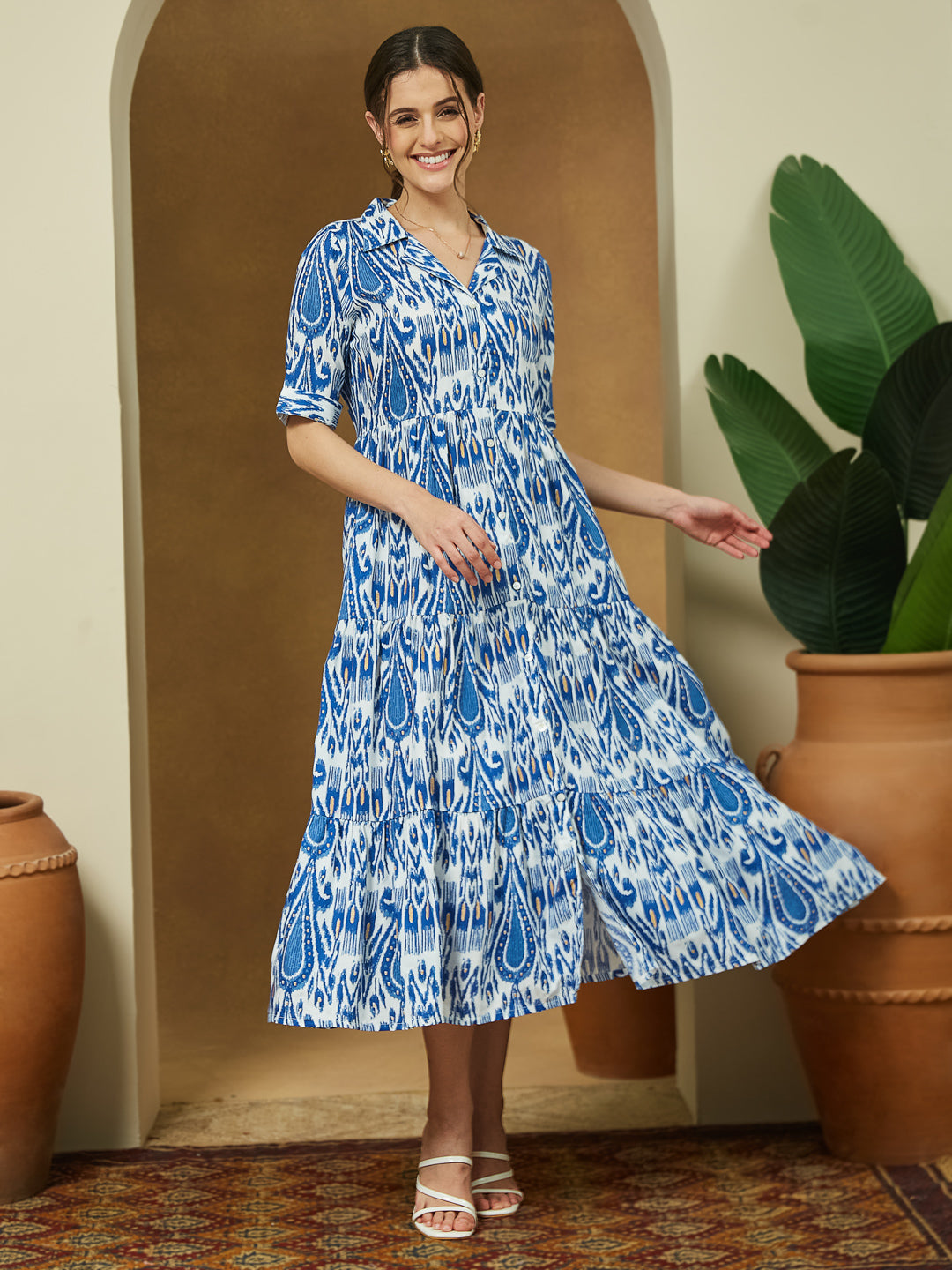 Janasya Bright Flex Ikkat Tiered Dress