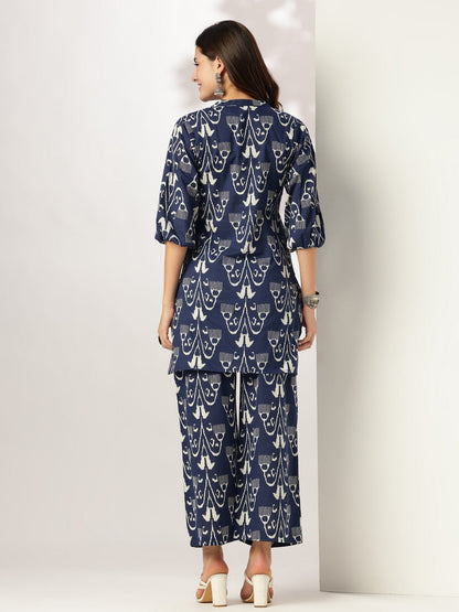 Janasya Dark Cotton Ikkat Straight Top & Bottom Set