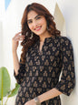 Janasya Dark Cotton Floral Straight Kurta Set