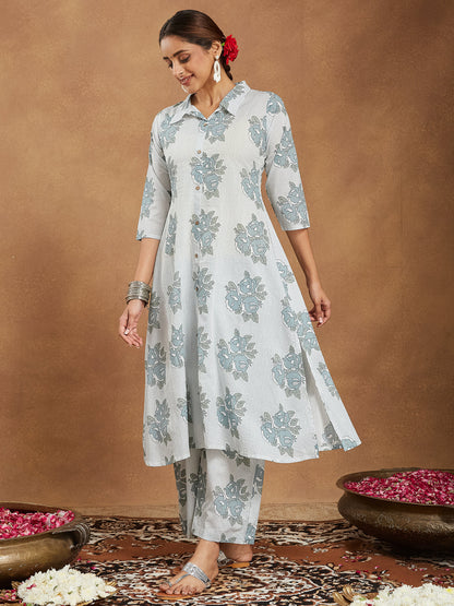 Janasya Light Cotton Floral A-Line Kurta Set
