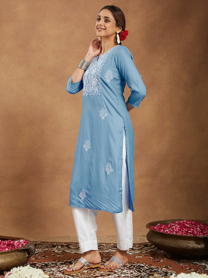 Janasya Light Rayon Embroidered Straight Kurta