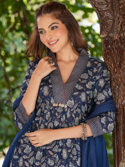 Janasya Dark Cotton Floral A-Line Kurta Set
