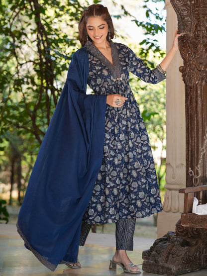Janasya Dark Cotton Floral A-Line Kurta Set