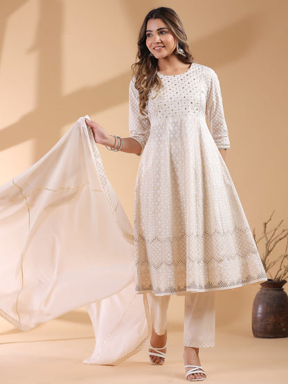 Janasya Light Cotton Ethnic Motifs Anarkali Kurta Set