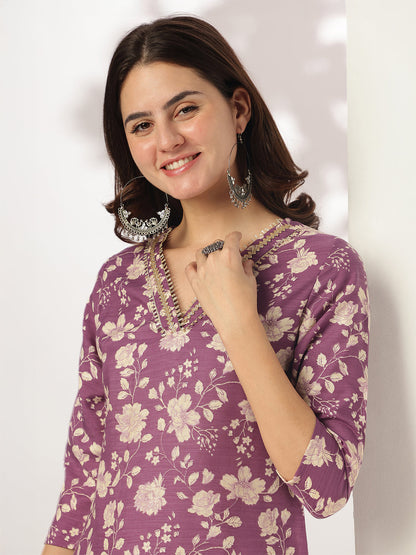 Janasya Dark Rayon Blend Floral Straight Kurta Set