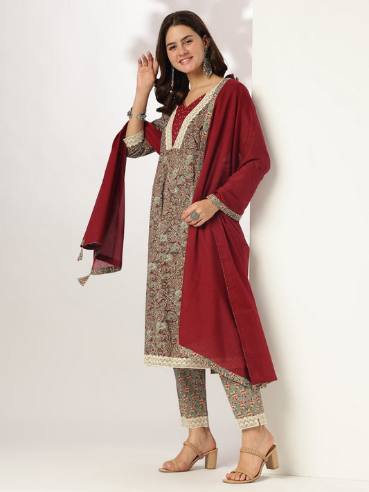 Janasya Light Cotton Floral Anarkali Kurta Set