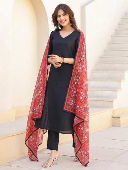 Janasya Dark Silk Blend Solid Straight Kurta Set