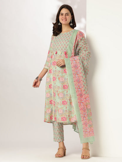 Janasya Light Cotton Floral A-Line Kurta Set
