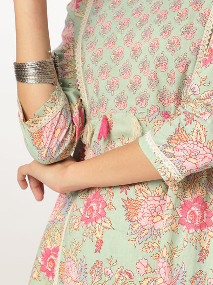 Janasya Light Cotton Floral A-Line Kurta Set