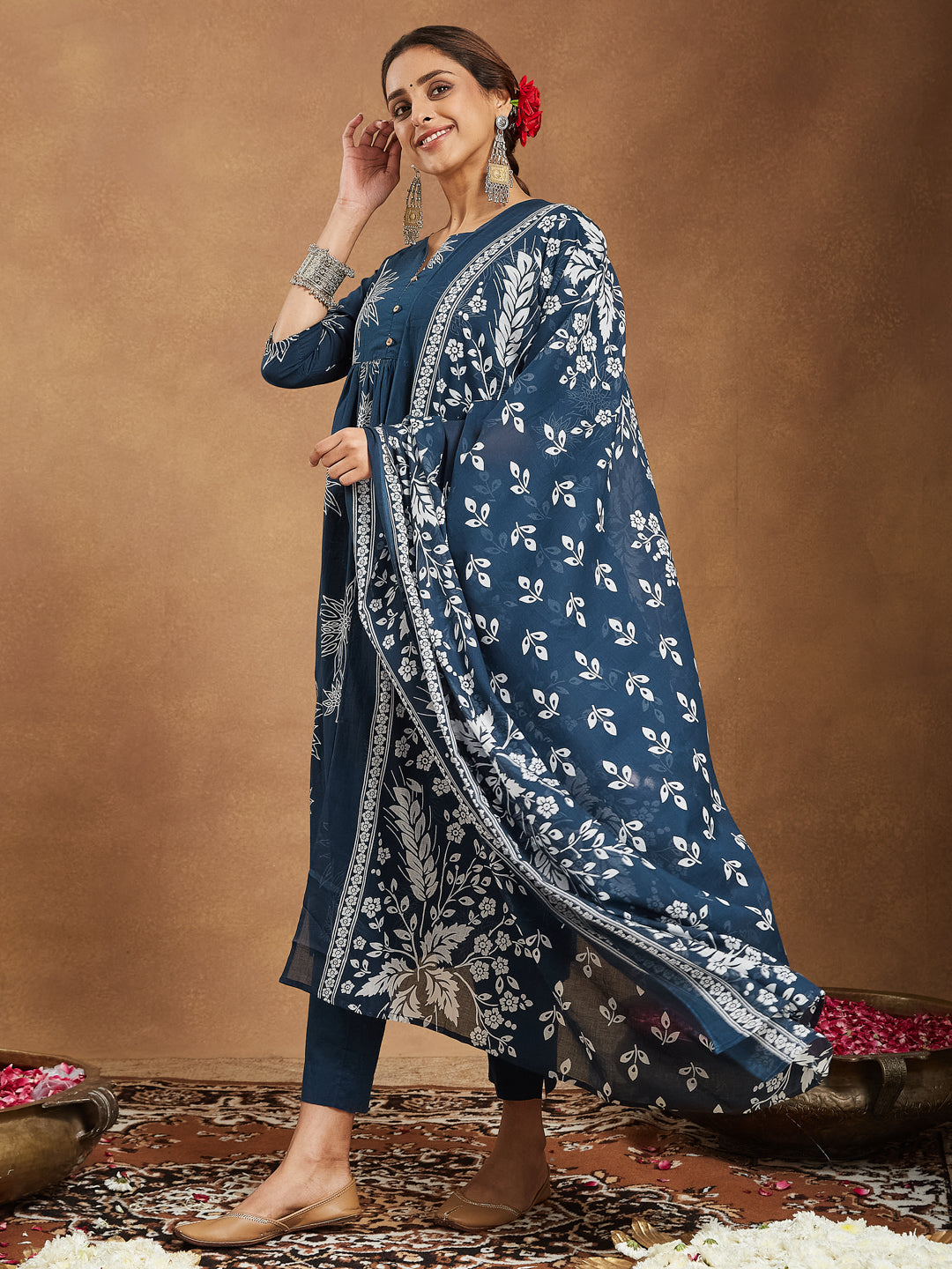 Janasya Bright Cotton Floral A-Line Kurta Set