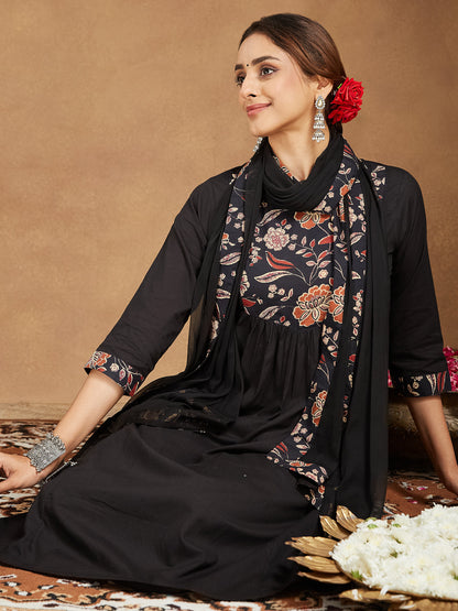 Janasya Dark Cotton Floral A-Line Kurta Set