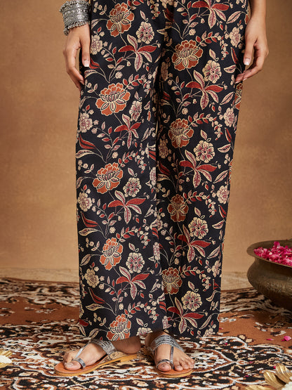 Janasya Dark Cotton Floral A-Line Kurta Set