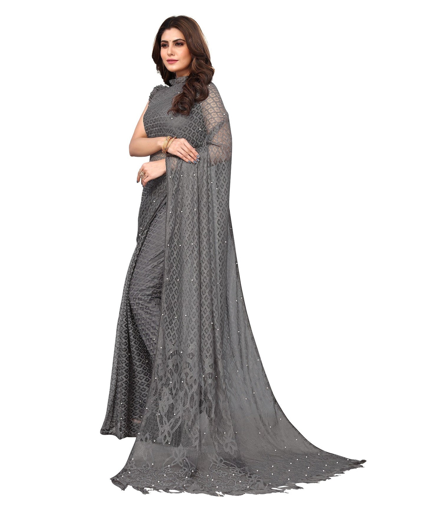 Vamika Net Brasso Grey Light Weight Trendy Look Bollywood Style Saree