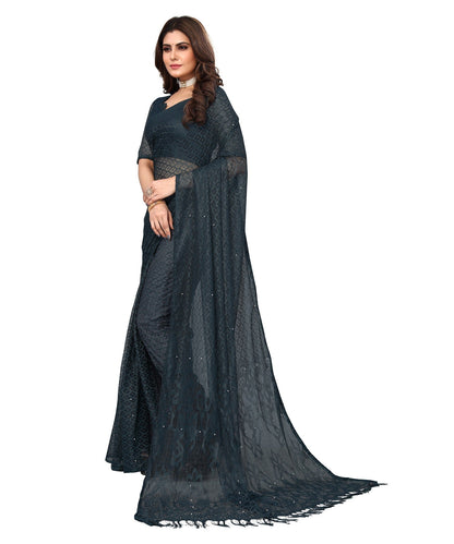 Vamika Net Brasso Rama Green Light Weight Trendy Look Bollywood Style Saree