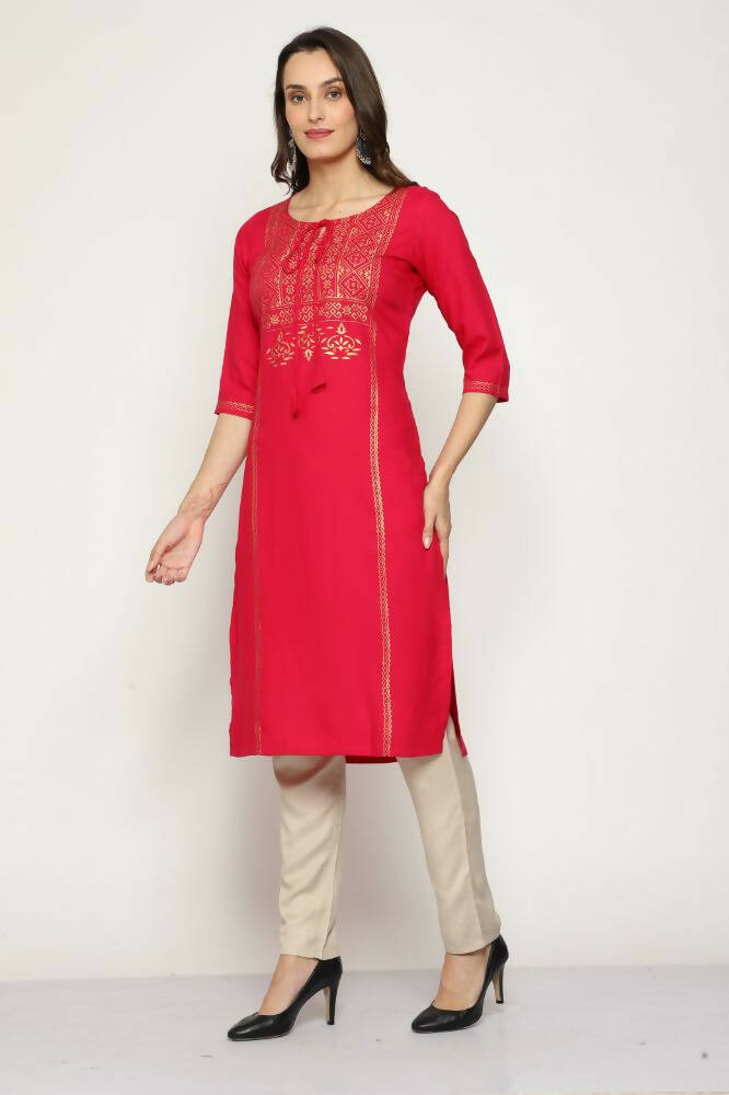 Maai Rayon Hand Printed Kurta Red