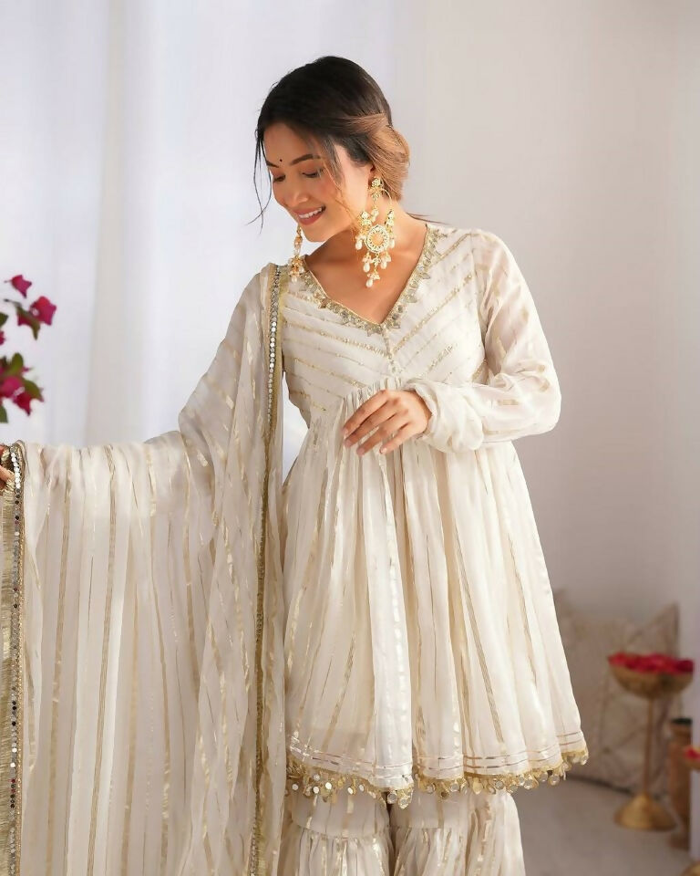 Teeya Creation White Color Mal Chanderi Silk Mirror Work And Hand Work Sharara set