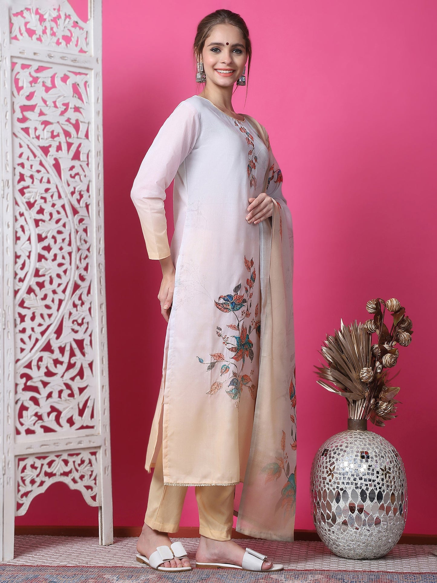 Jyoti Fashion Women's Multicolor Cotton Geometric Digital Print with Jari & Crystal Kurta with Trouser & Dupatta