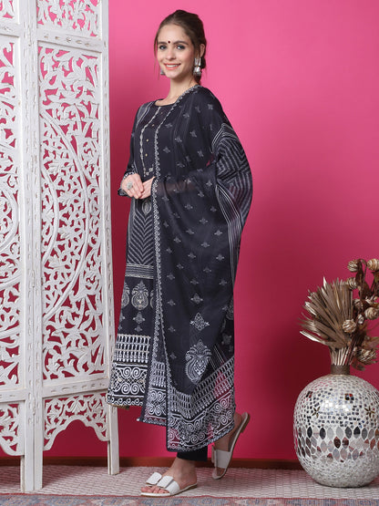 Jyoti Fashion Women's Black Cotton Geometric Digital Print with Jari & Crystal Kurta with Trouser & Dupatta