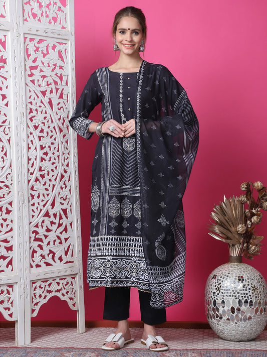 Jyoti Fashion Women's Black Cotton Geometric Digital Print with Jari & Crystal Kurta with Trouser & Dupatta