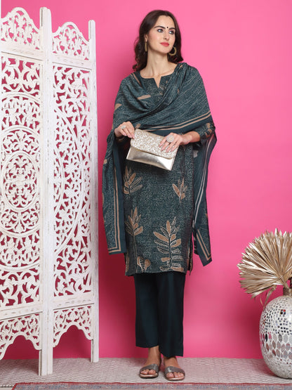 Jyoti Fashion Women's Green Muslin Floral Print with Jari & Crystal work Kurta with Trouser & Dupatta