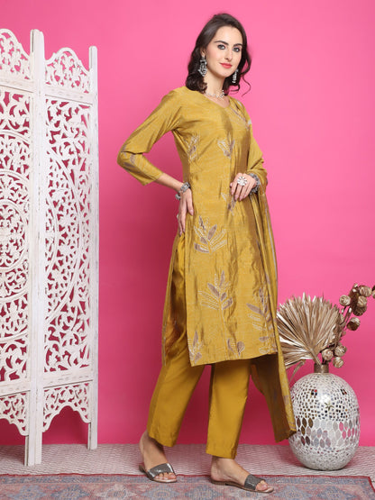 Jyoti Fashion Women's Mustard Muslin Floral Print with Jari & Crystal work Kurta with Trouser & Dupatta