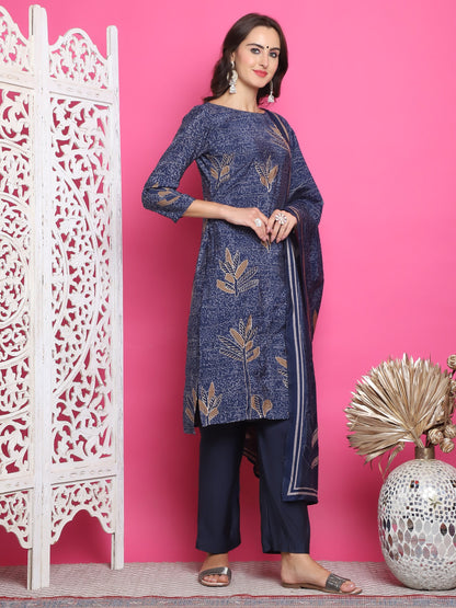 Jyoti Fashion Women's Navy Blue Muslin Floral Print with Jari & Crystal work Kurta with Trouser & Dupatta