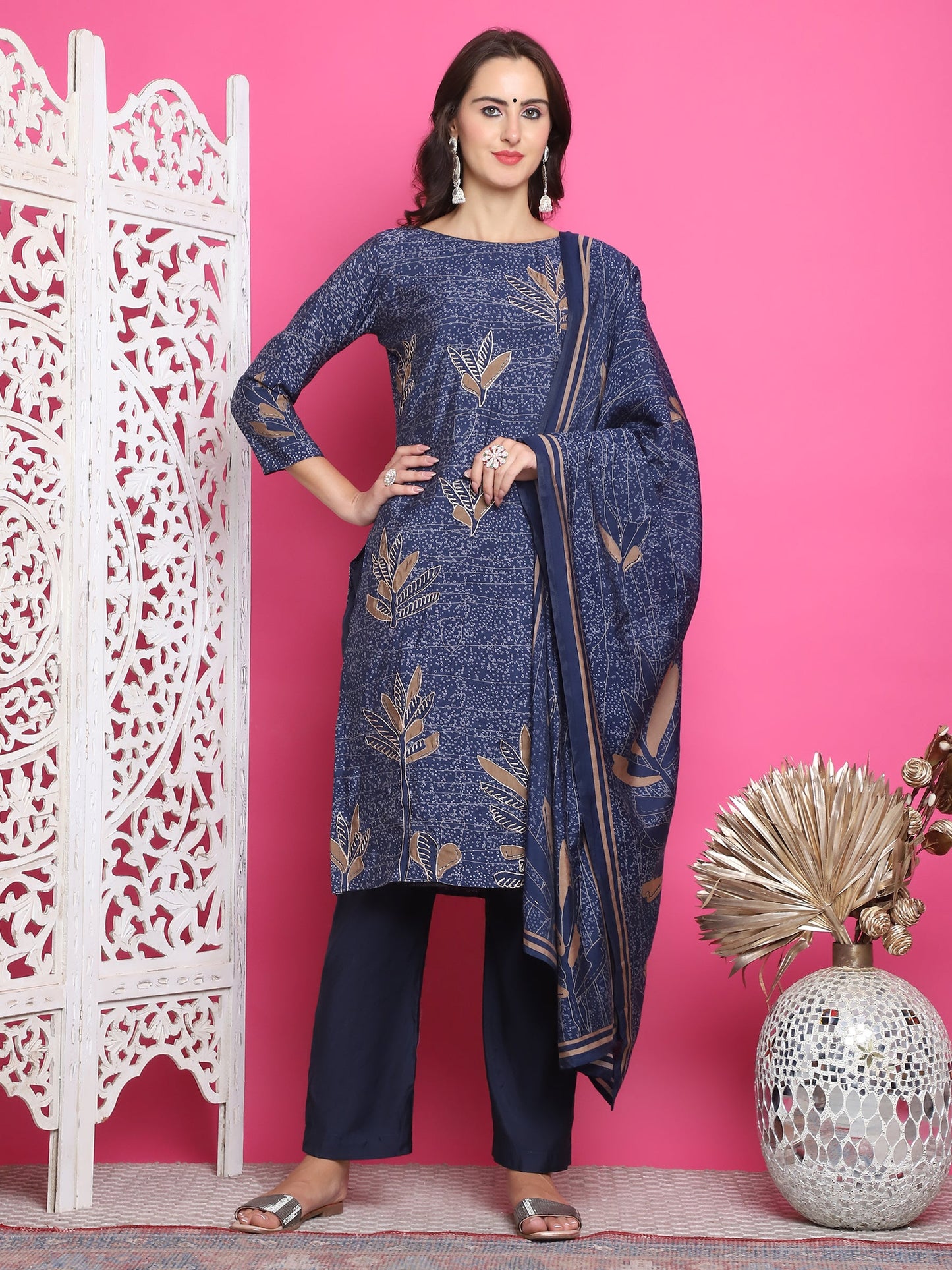 Jyoti Fashion Women's Navy Blue Muslin Floral Print with Jari & Crystal work Kurta with Trouser & Dupatta