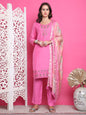 Jyoti Fashion Women's Pink Muslin Floral Resham Embroidery Kurta with Trouser & Dupatta