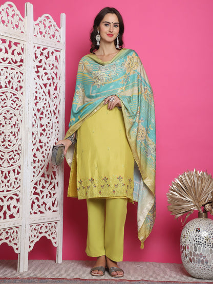 Jyoti Fashion Women's Lemon Yellow Muslin Floral Resham Embroidery Kurta with Trouser & Dupatta