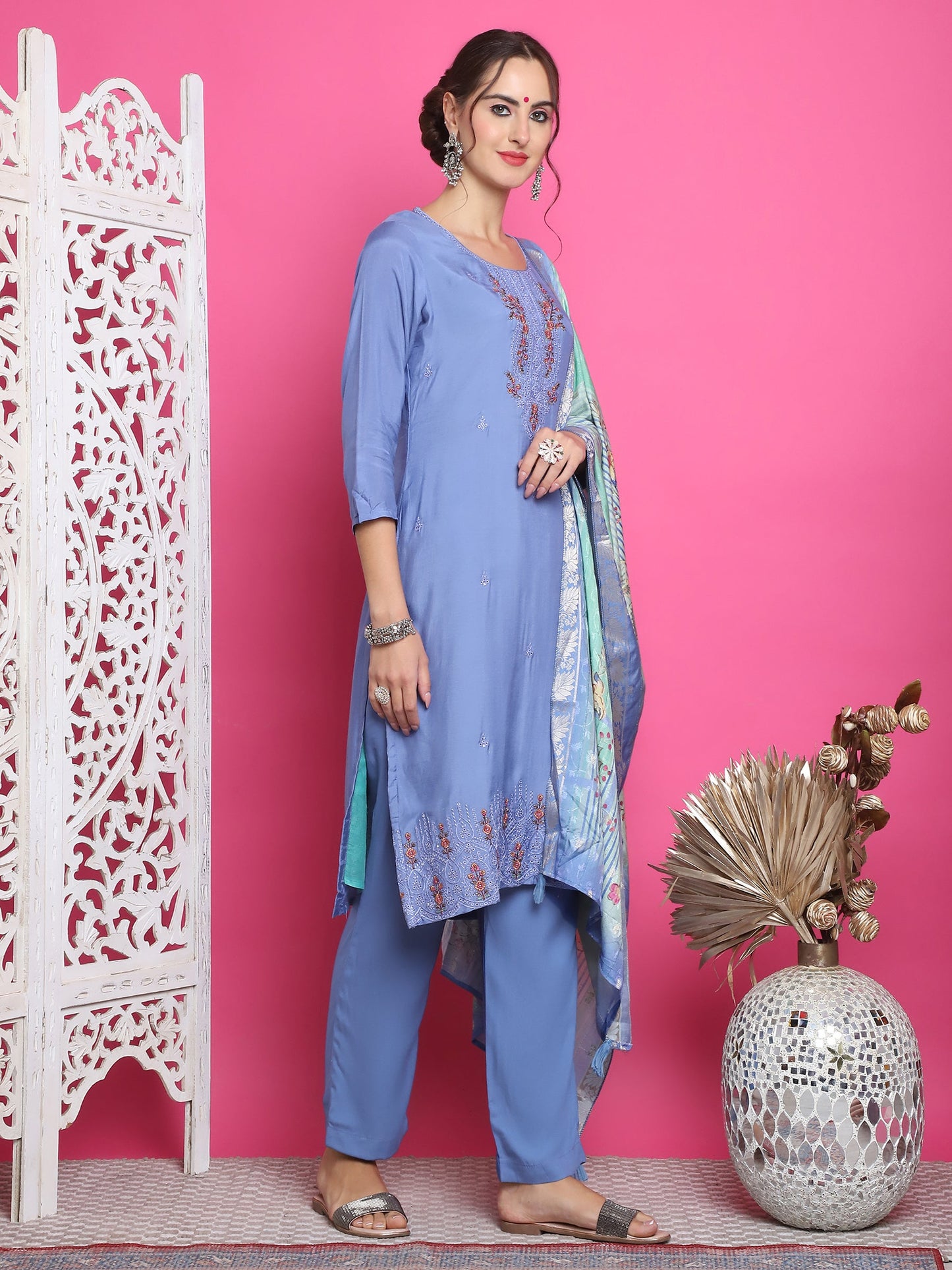 Jyoti Fashion Women's Blue Muslin Floral Resham Embroidery Kurta with Trouser & Dupatta