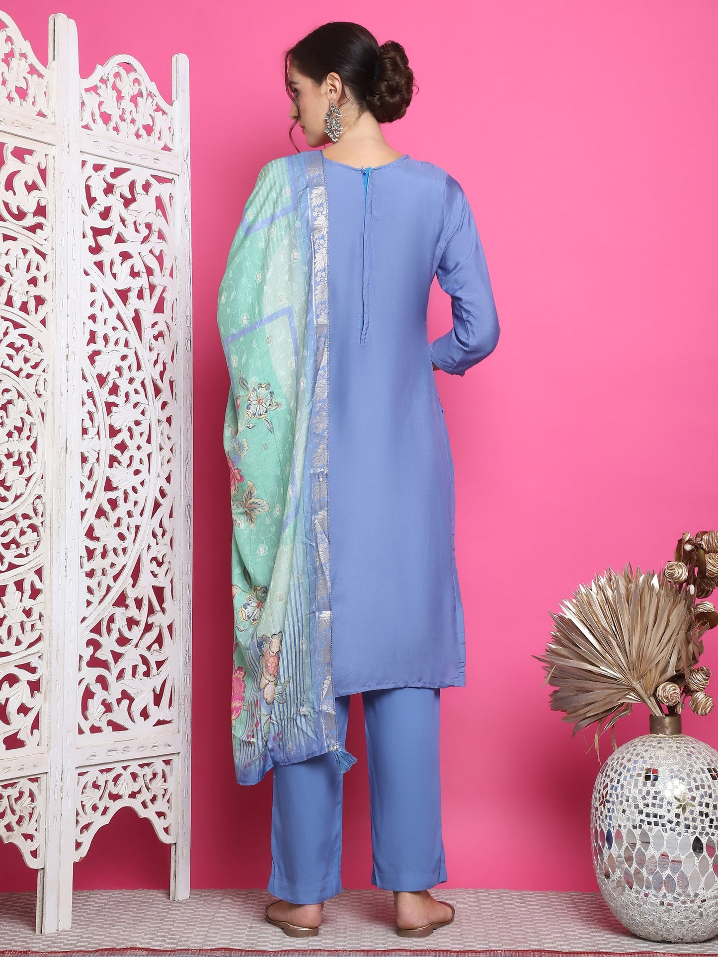 Jyoti Fashion Women's Blue Muslin Floral Resham Embroidery Kurta with Trouser & Dupatta