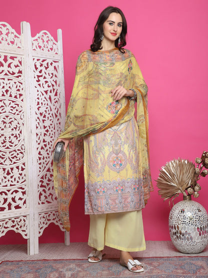 Jyoti Fashion Women's Yellow Satin Traditional Digital Print with Crystal work Kurta with Trouser & Dupatta