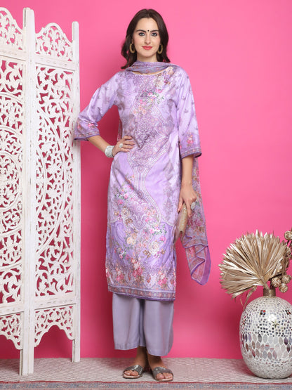 Jyoti Fashion Women's Lavender Satin Traditional Digital Print with Crystal work Kurta with Trouser & Dupatta