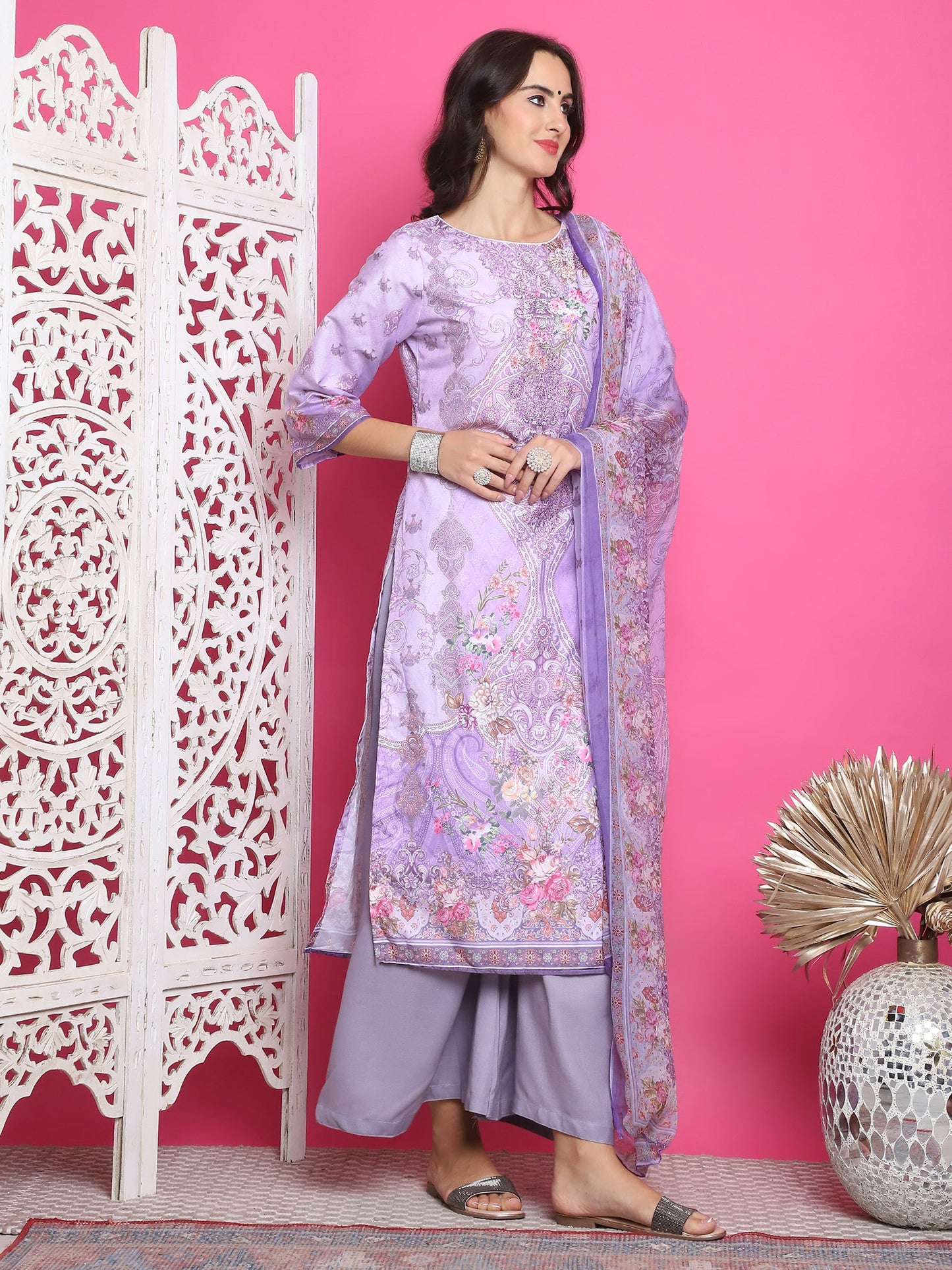 Jyoti Fashion Women's Lavender Satin Traditional Digital Print with Crystal work Kurta with Trouser & Dupatta