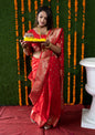 Jyoti Fashion Women's Red Handloom Banarasi Silk Zari Woven Saree with Blouse